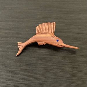 Vintage Hand Carved Wooden Swordfish Marlin Pin Brooch 2.75”